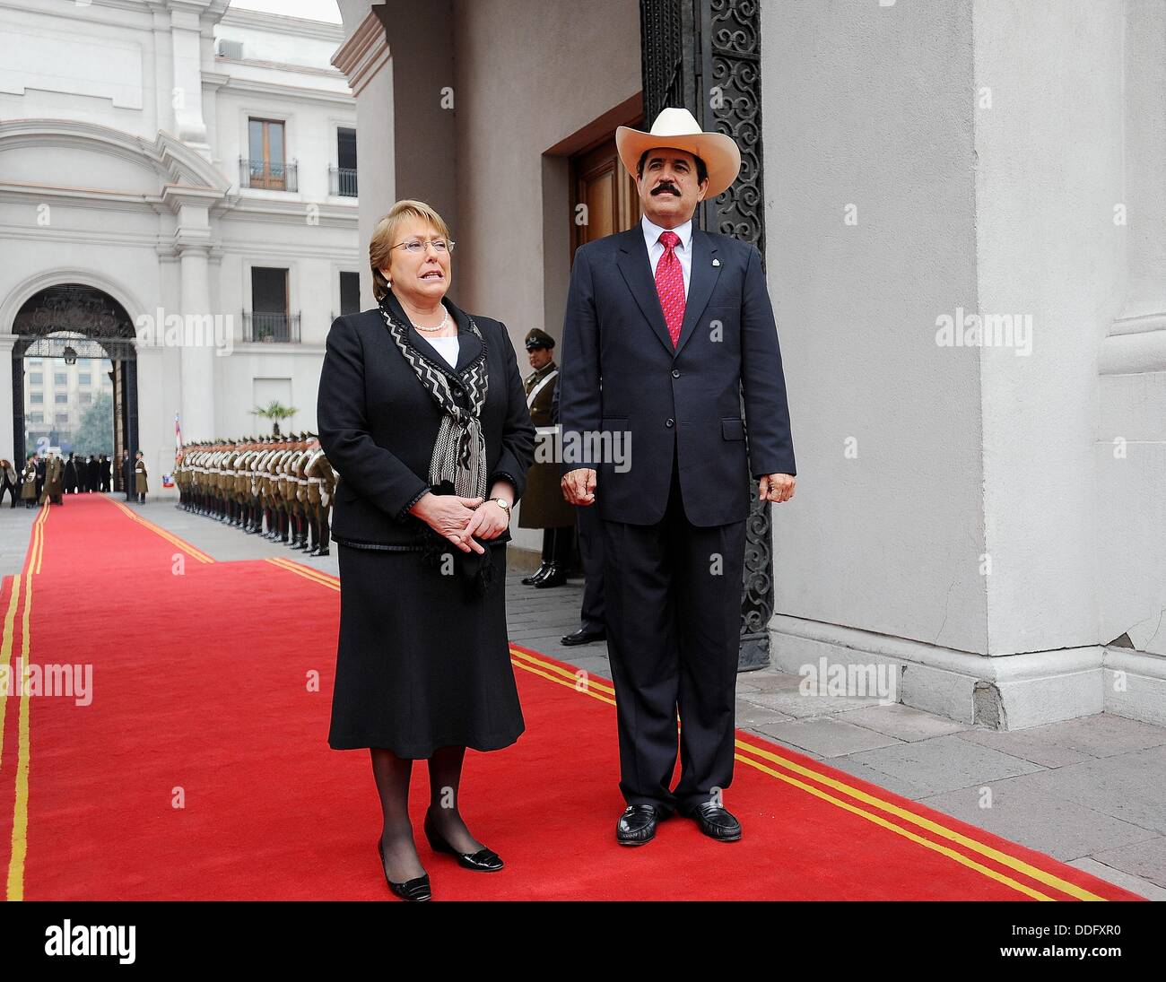 President Michelle Bachelet receives ousted President Manuel Zelaya of Honduras in Latin America tour seeking support to be Stock Photo