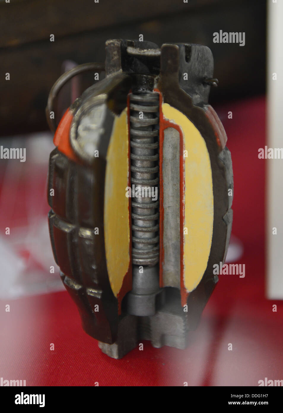 Hand grenade, Mills Bomb hand grenade, cut away showing the inner workings of the grenade Stock Photo