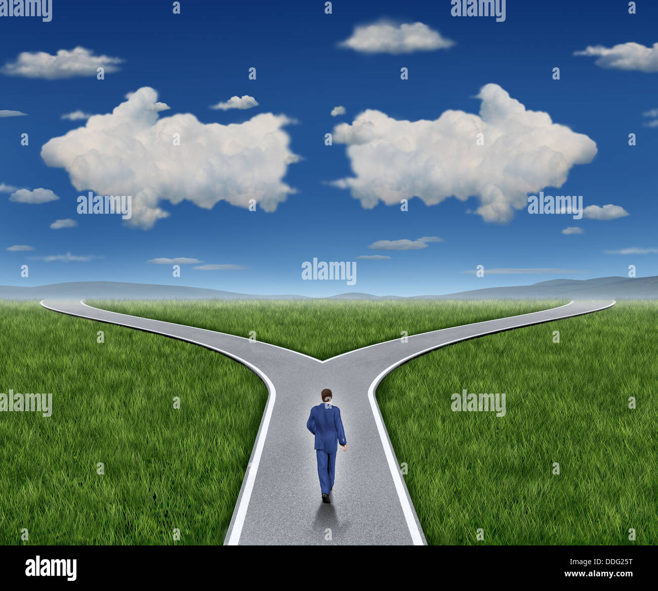 Business guidance questions and career path as a business person walking to a crossroad highway with two clouds shaped as arrows pointing in opposite directions on a blue summer sky and grass representing financial advice guide and looking for answers. Stock Photo