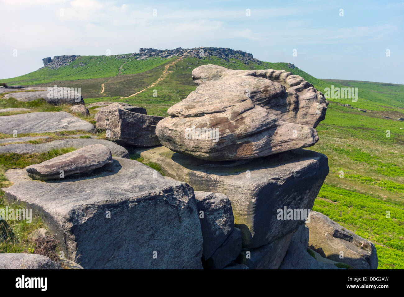 Peak District National Park, Derbyshire, Gritstone boulder above ...