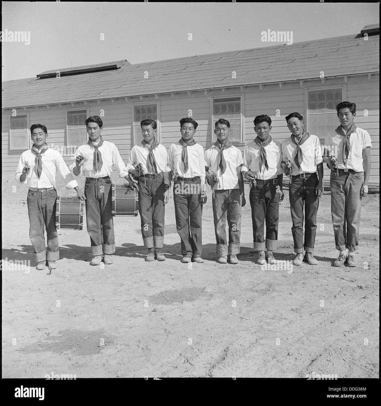 Topaz, Utah. Members of the drum and bugle corp, formerly a boy scout troop at Los Angeles, pose fo . . . 538693 Stock Photo