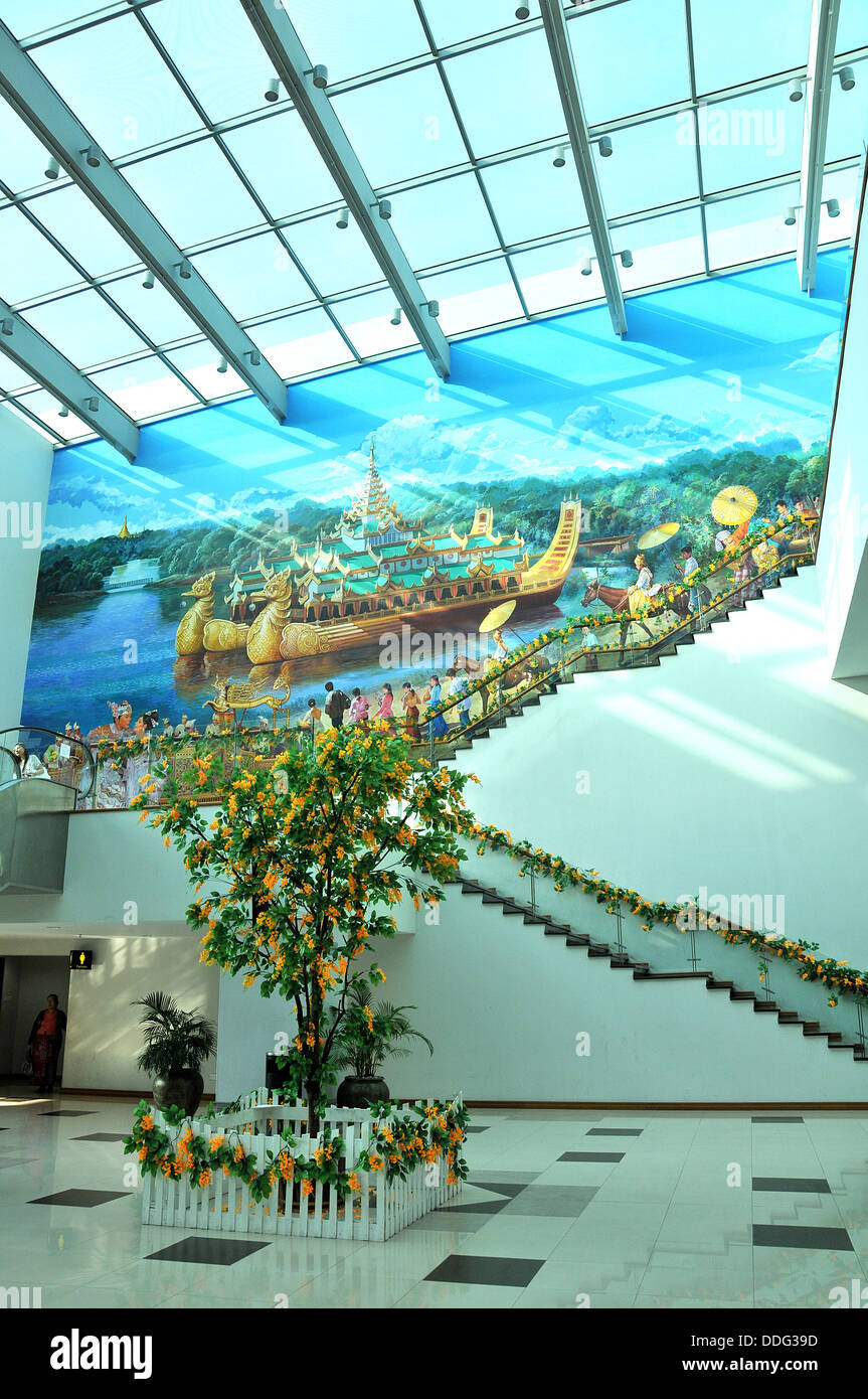historic fresco in departures hall of International airport Yangon Myanmar Asia Stock Photo