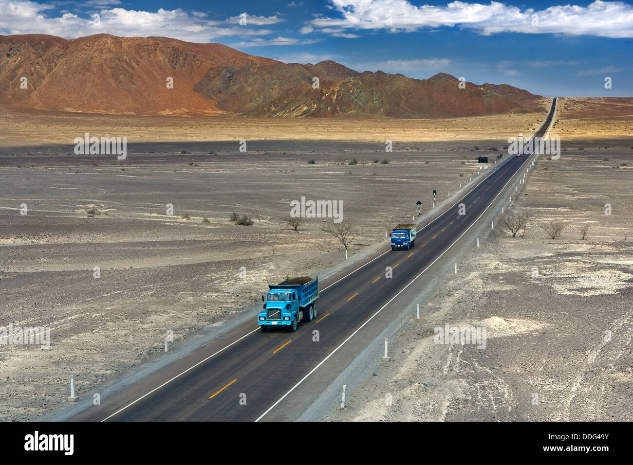 Pan-American highway, longest road in the world, stretching through the South American desert into the distance. Stock Photo