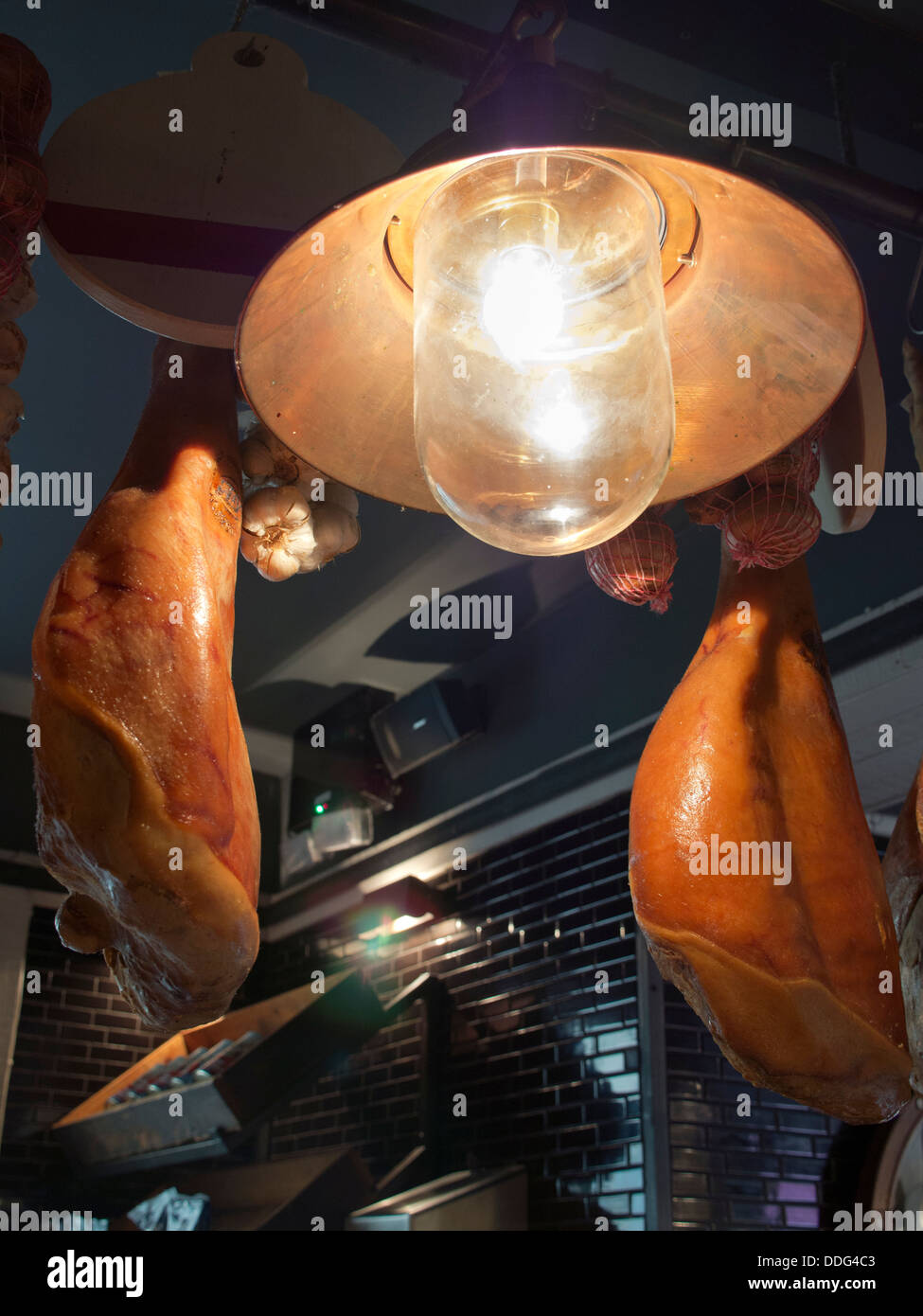 Suspended hams in an Italian Restaurant in Oxford, England 3 Stock Photo