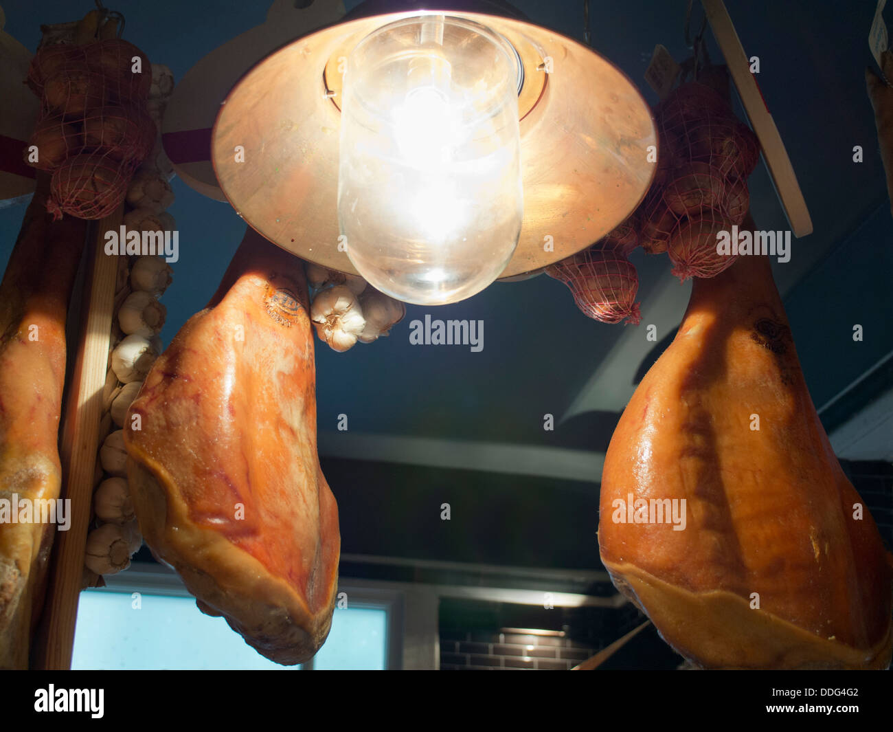 Suspended hams in an Italian Restaurant in Oxford, England 5 Stock Photo