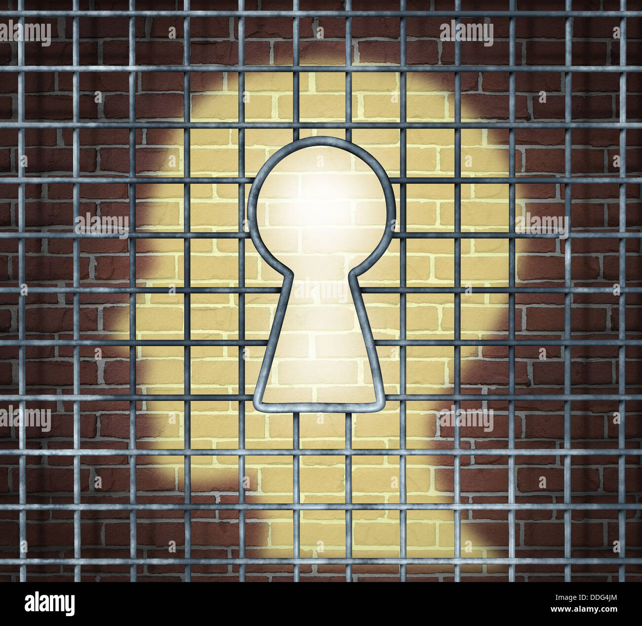 Creative freedom key with a human head light glowing on a brick wall through a prison cage opened with a keyhole shape as a business and mental health concept searching for innovative solutions to be set free for success. Stock Photo
