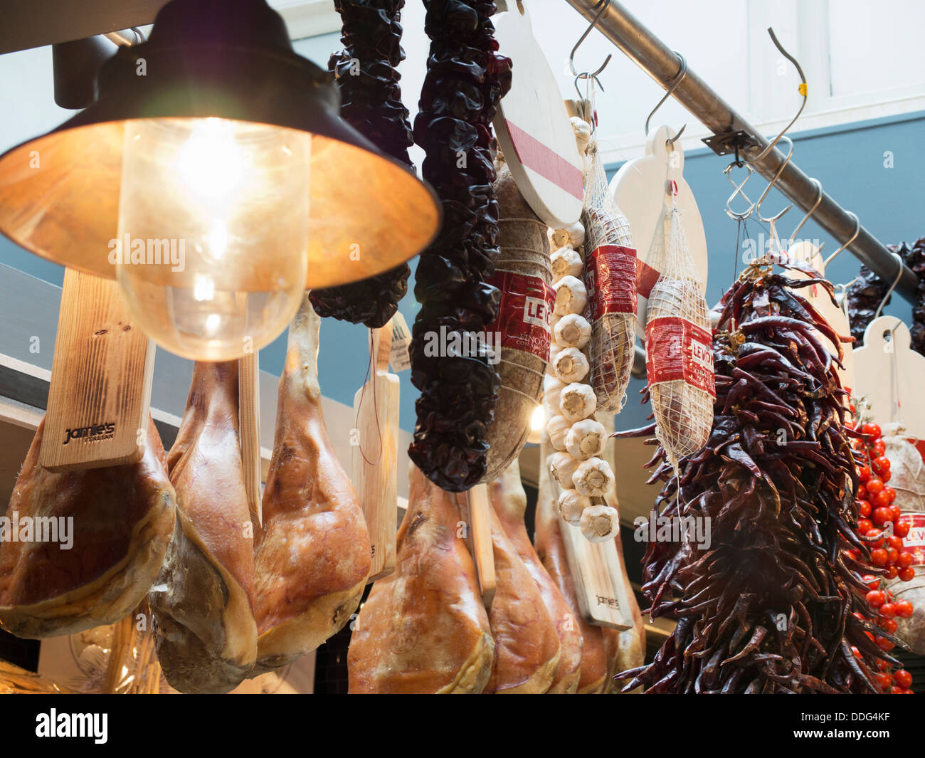 Suspended hams in an Italian Restaurant in Oxford, England 4 Stock Photo
