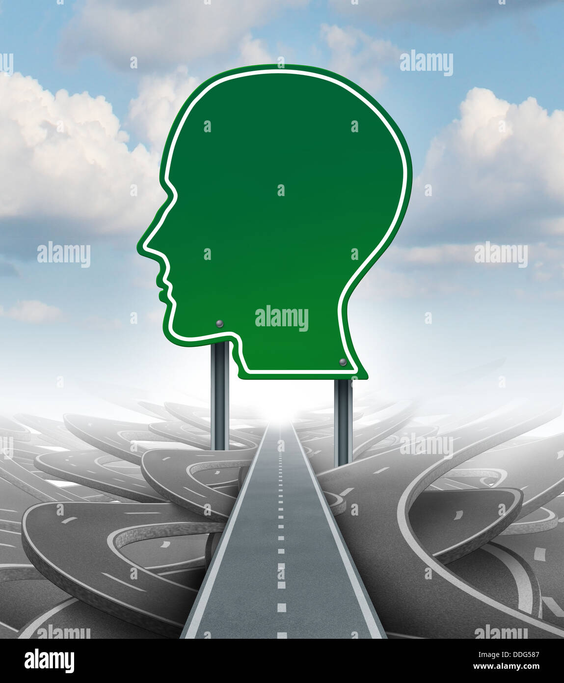 Strategic direction leadership business concept with a green road or highway sign in the shape of a human head as an icon of breaking out from a confusion of tangled roads with a clear plan for a personal success path. Stock Photo