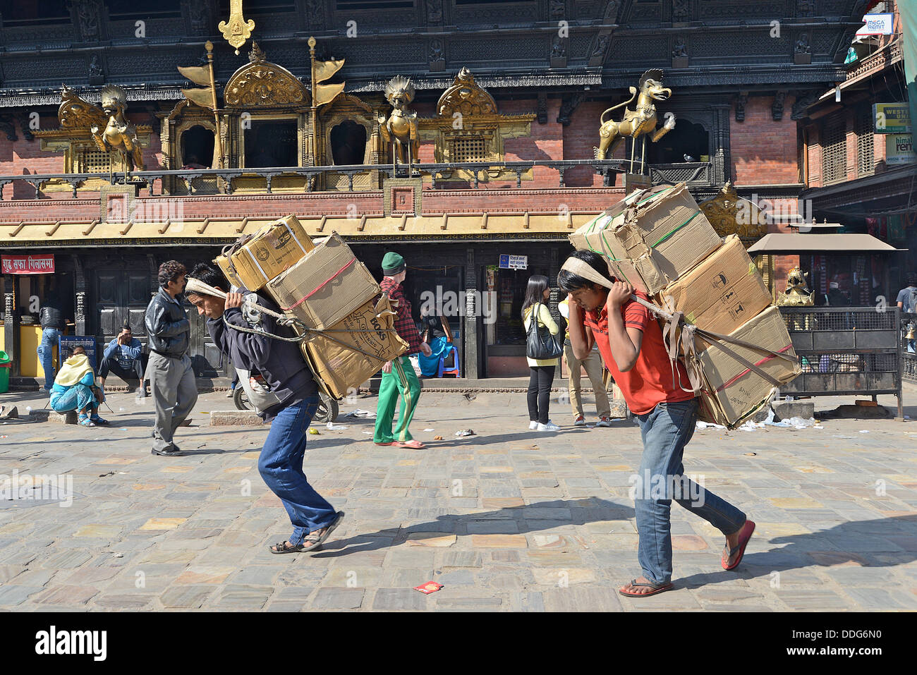 street scene sherpas on Indra Chowk square before Akash Bhairab Temple Kathmandu Nepal Stock Photo