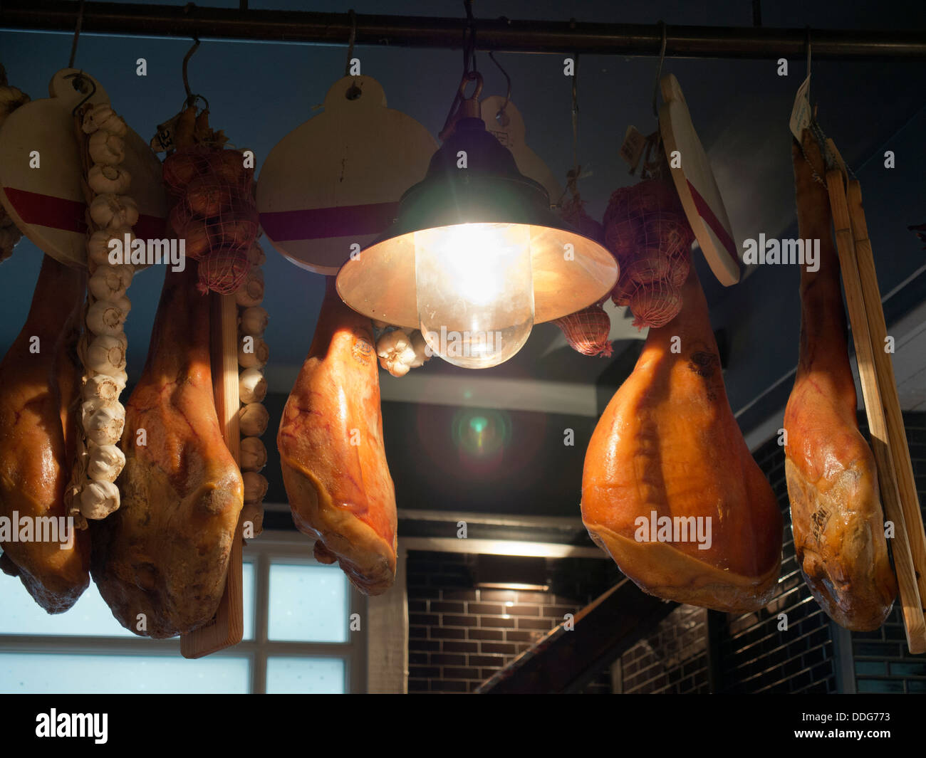 Suspended hams in an Italian Restaurant in Oxford, England 2 Stock Photo