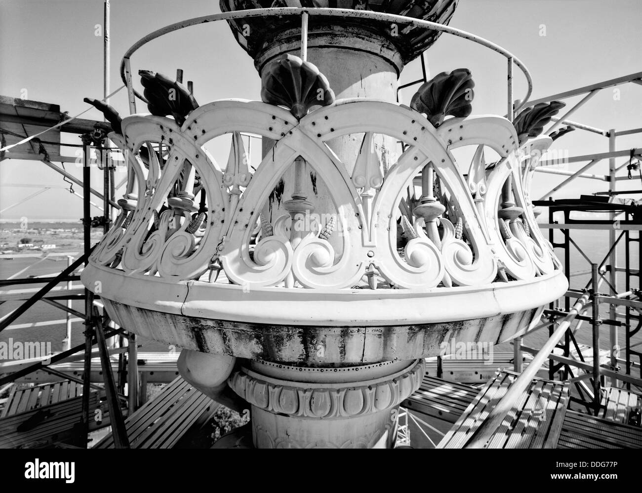 Close up of the torch of the Statue of Liberty hidden behind