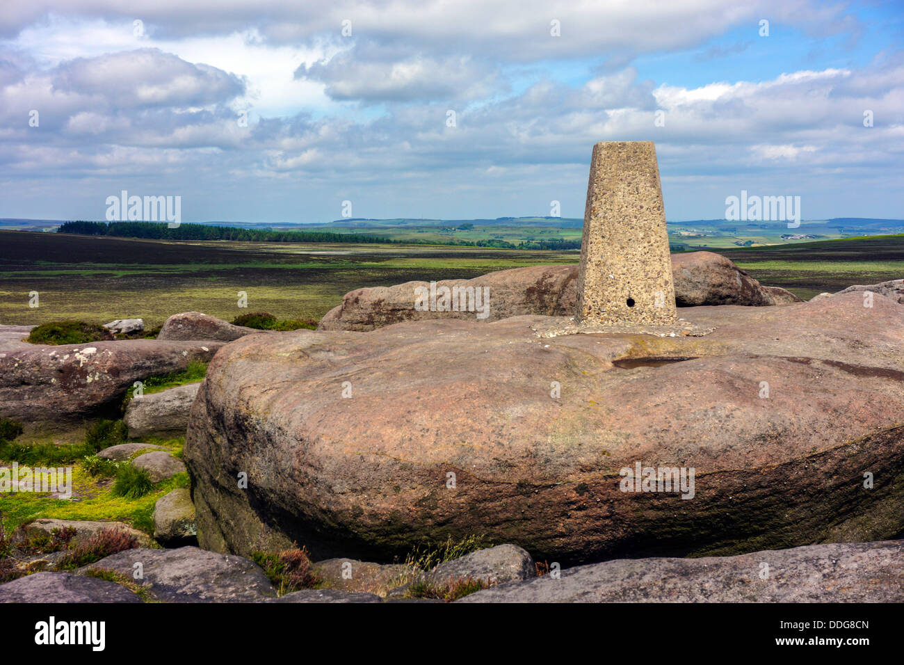 Concrete Trig Point on Stanage Edge, Derbyshire Stock Photo