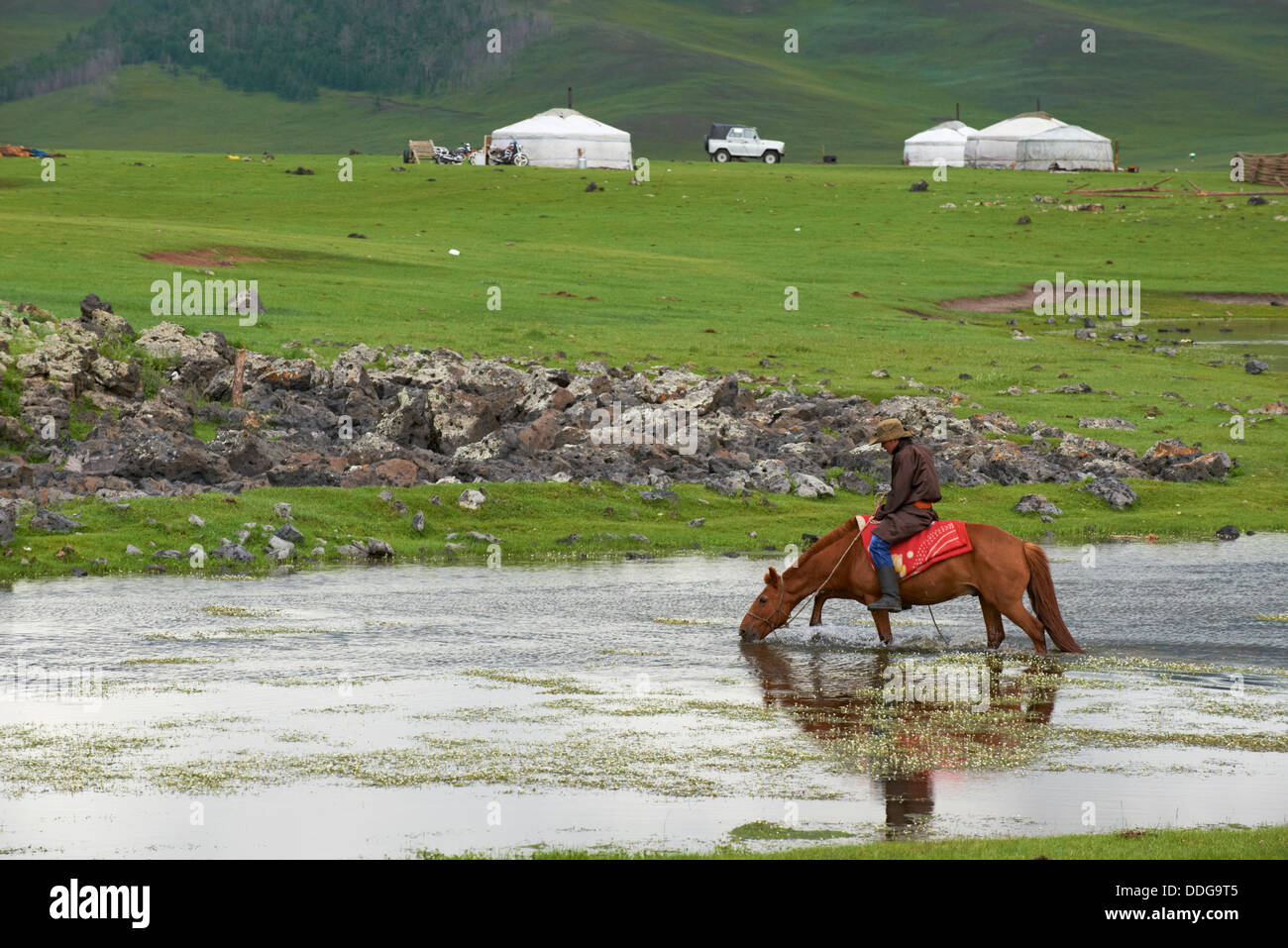 Mongolia, Ovorkhangai province, Okhon valley, Nomad camp and horseman Stock Photo