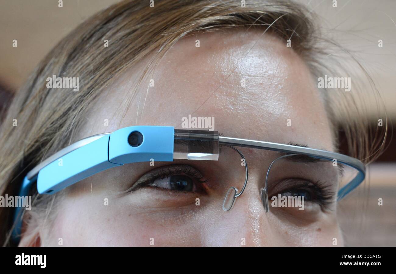 Virginia Palm wears a Google Glass, which is a miniature computer attached to a frame, during the presentation of initiative 'Berlin Innovation ConSensus' - an initiative for innovations and fields with growth potential - at Factory in Berlin, Germany, 01 September 2013. A future charta with top-ten chances for innovations, entrepreneurship and sustained economic growth was presented. Photo: Jens Stock Photo