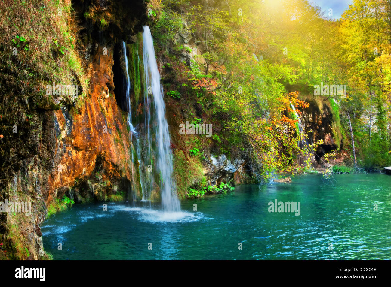 Waterfall in a forest in the Plitvice Lakes National Park, Croatia, Europe Stock Photo