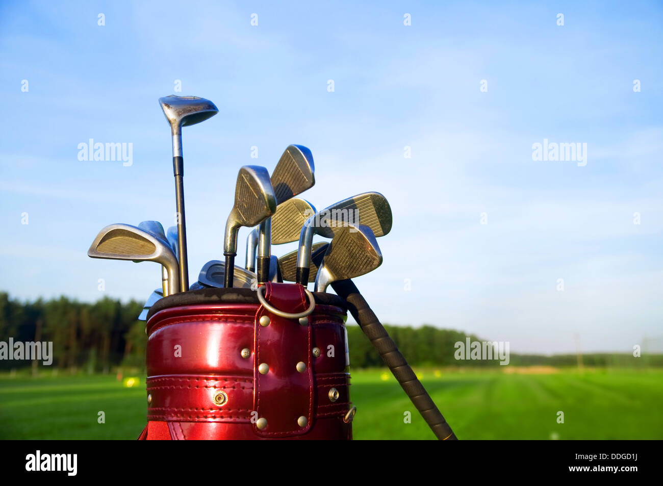 Professional golf clubs in a golf bag on a course. Stock Photo
