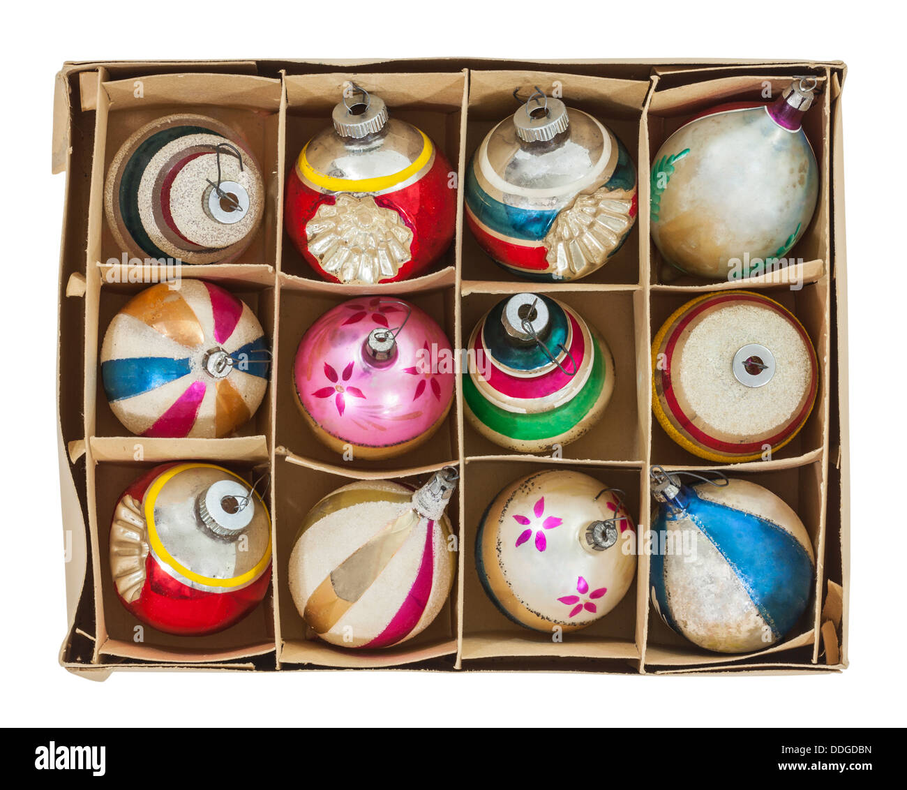 Box of old Christmas tree ornaments isolated with clipping path. Stock Photo
