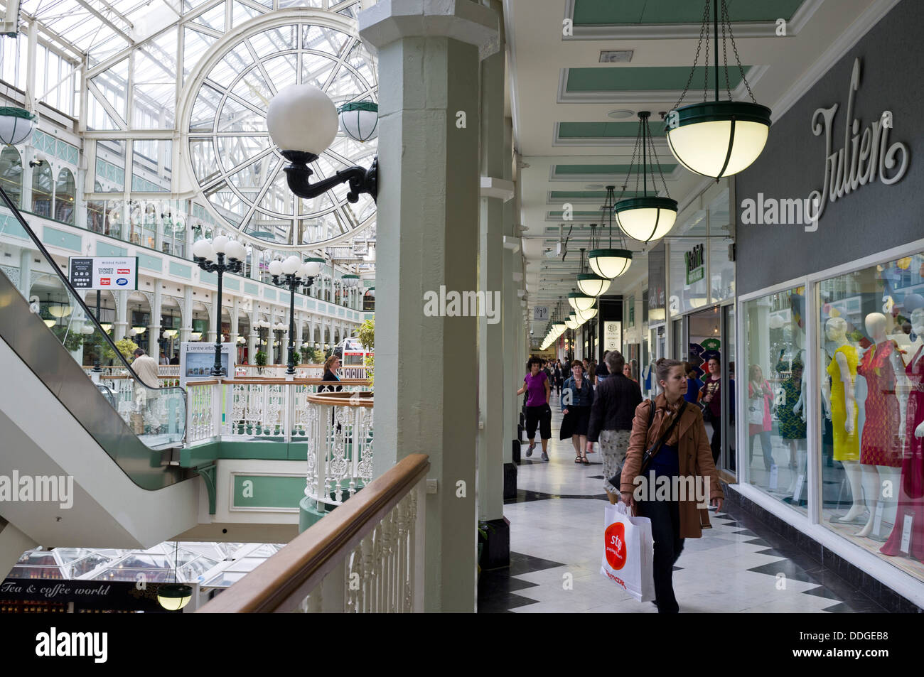 St Stephens green shopping centre, interior with escalators and clock, Dublin, Ireland, Stock Photo