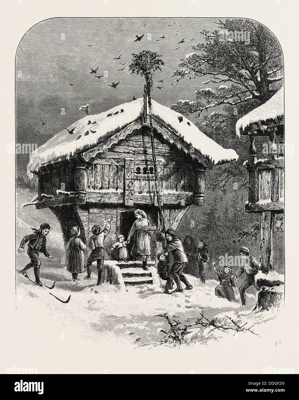 CELEBRATING YULE-TIDE, From a painting by A. Tidemand. Yule or Yuletide ('Yule time') is a religious festival Stock Photo