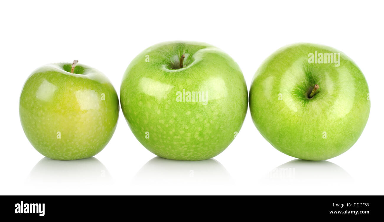 Three green apples isolated Stock Photo