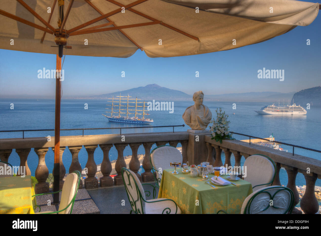 Bust on the balcony of a terrace with the sea in the background, Sorrento, Campania, Italy Stock Photo