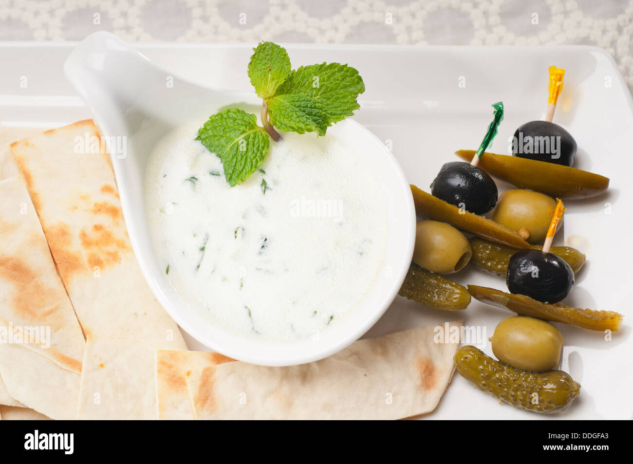 Greek Tzatziki yogurt dip and pita bread Stock Photo Alamy