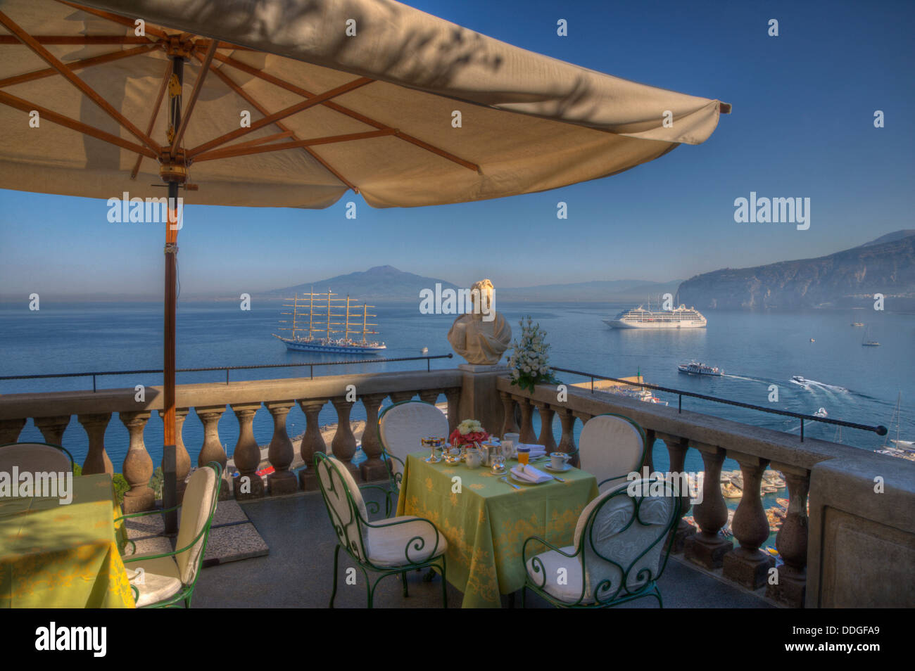 Bust on the balcony of a terrace with the sea in the background, Sorrento, Campania, Italy Stock Photo