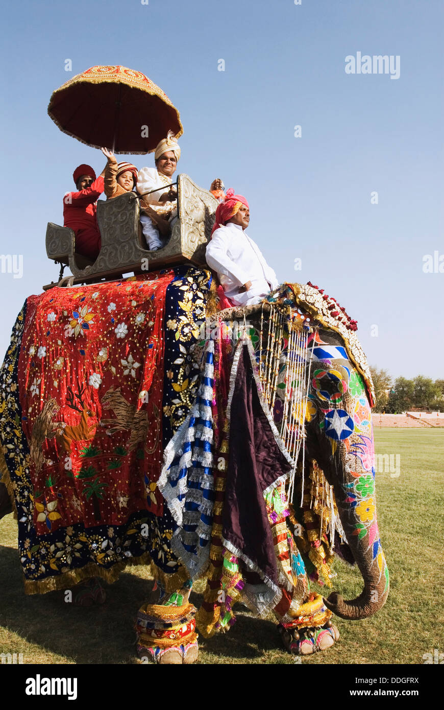 Man in traditional Rajasthani royal dress on an elephant, Elephant Festival, Jaipur, Rajasthan, India Stock Photo