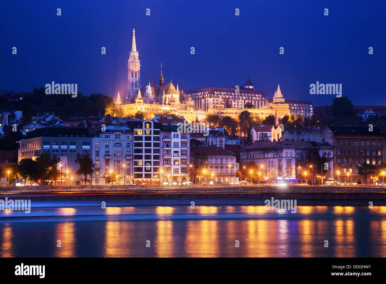 Budapest, Hungary - Fisherman's Bastion and Matthias Church on the Buda Castle hill by Danube River Stock Photo