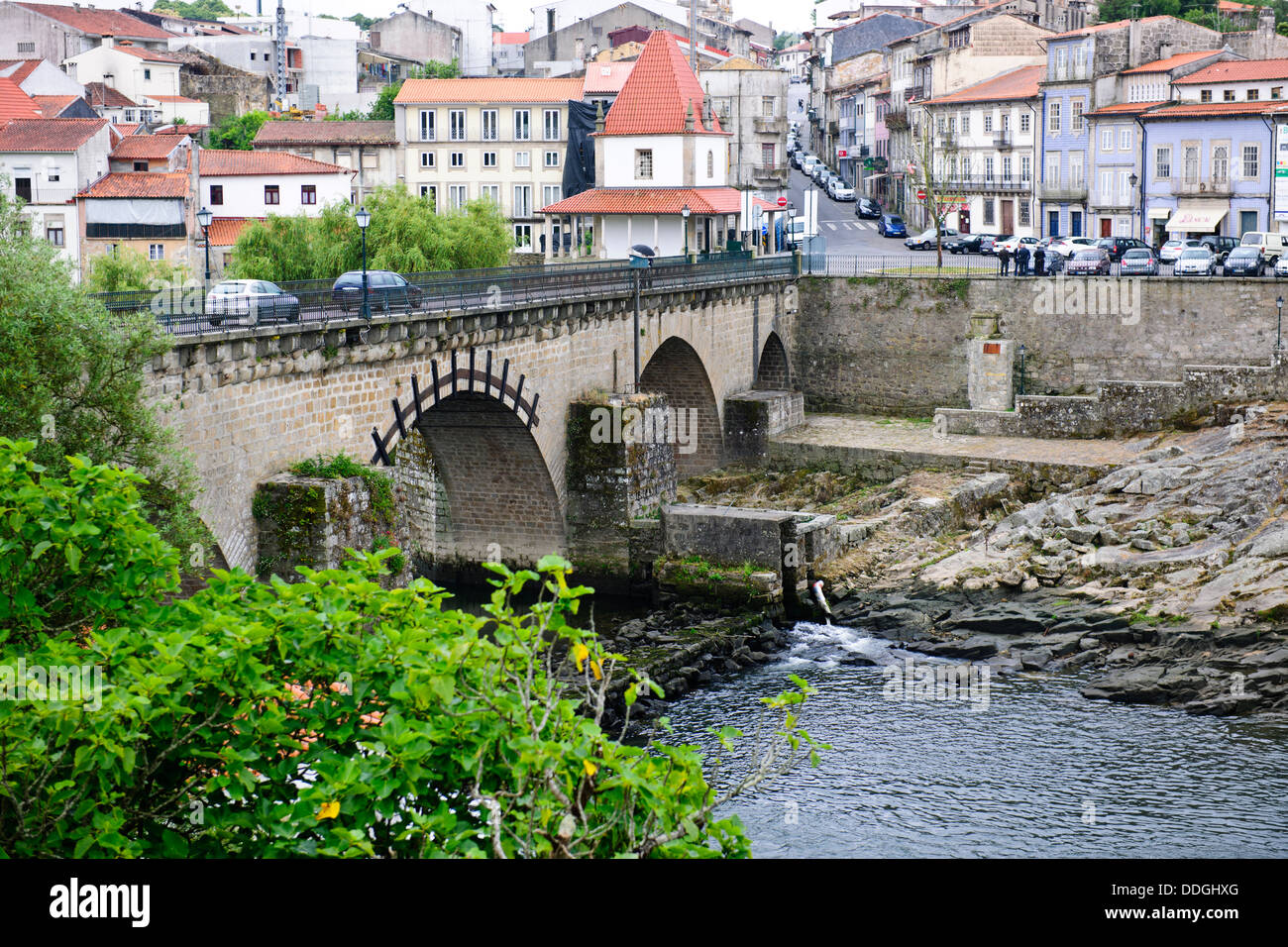 Ingreja Matriz Church,The Camera Municipal Town hall overlooking Rio Cavado and 14th Century Bridge,Barcelos,Northern Portugal Stock Photo