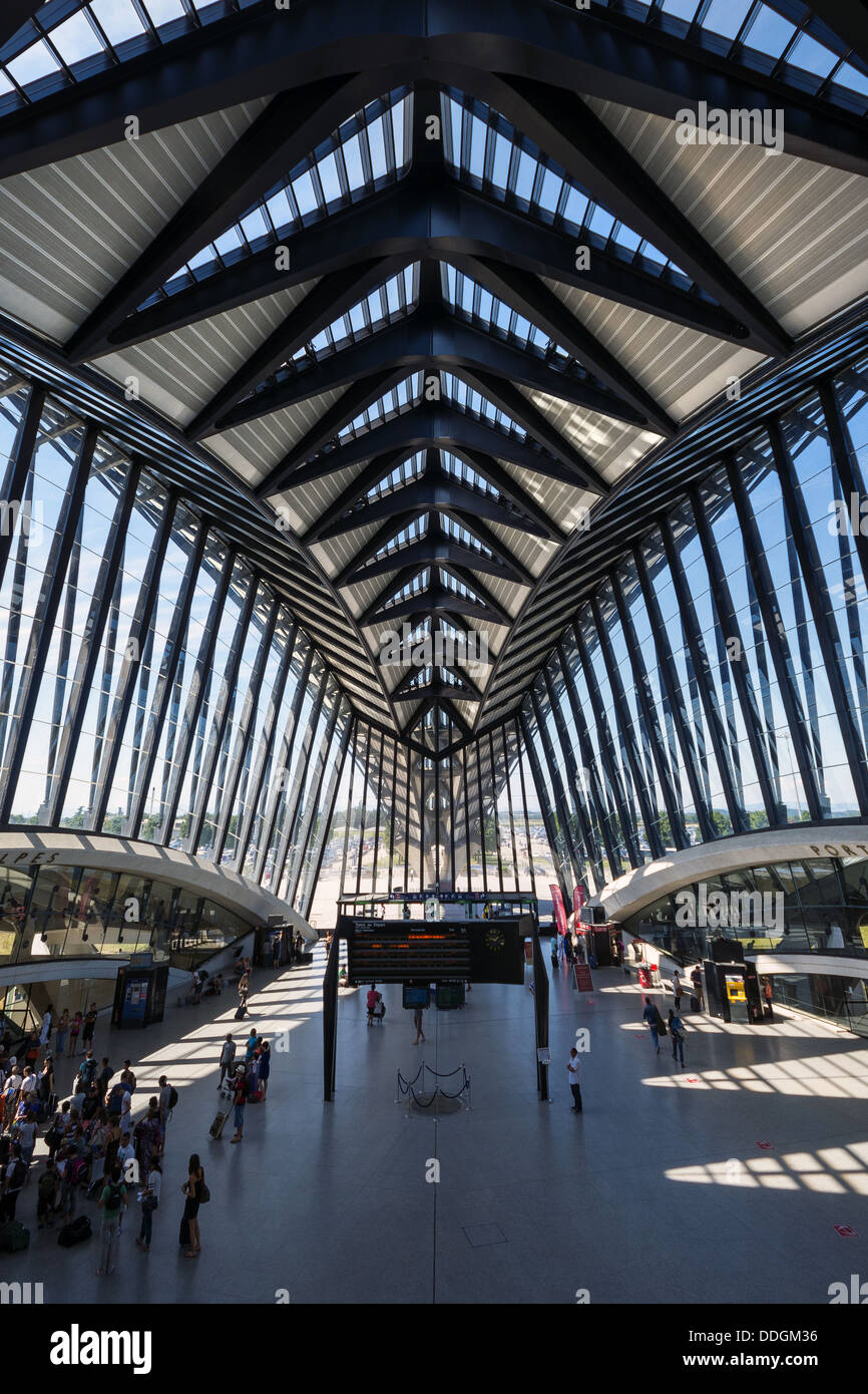 Fan shaped canopy of the Gare de Lyon Saint-Exupéry railway station in Lyon, designed by Spanish architect Santiago Calatrava Stock Photo