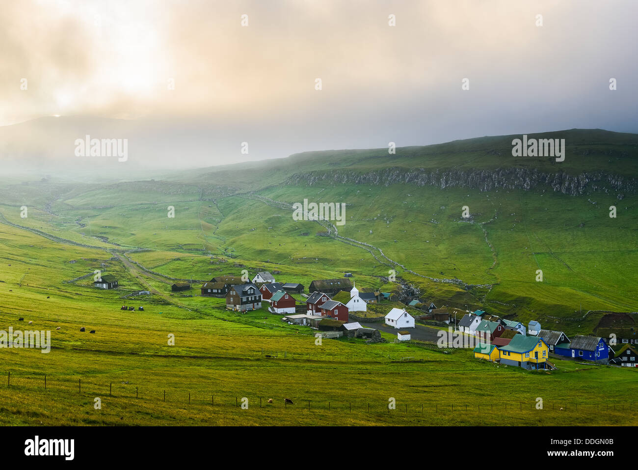 Houses and fields, Mykines, Faroe Islands Stock Photo