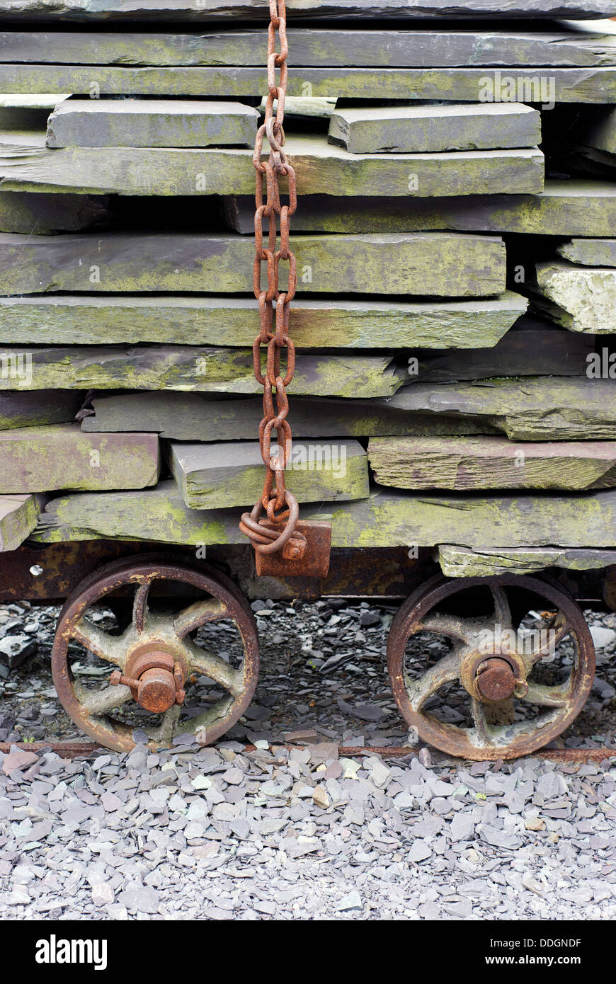 Welsh slate piled high on an old rail wagon at the National Slate Museum at Llanberis North Wales Stock Photo