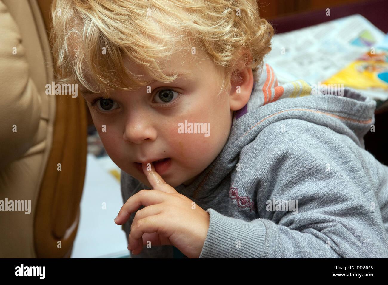 Family photos toddler boy finger in mouth Stock Photo