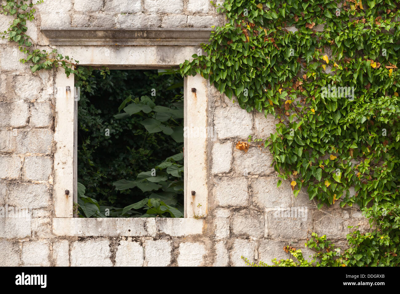 Abandoned house fragment. Ancient stone wall with empty window and plants. Perast town, Montenegro Stock Photo