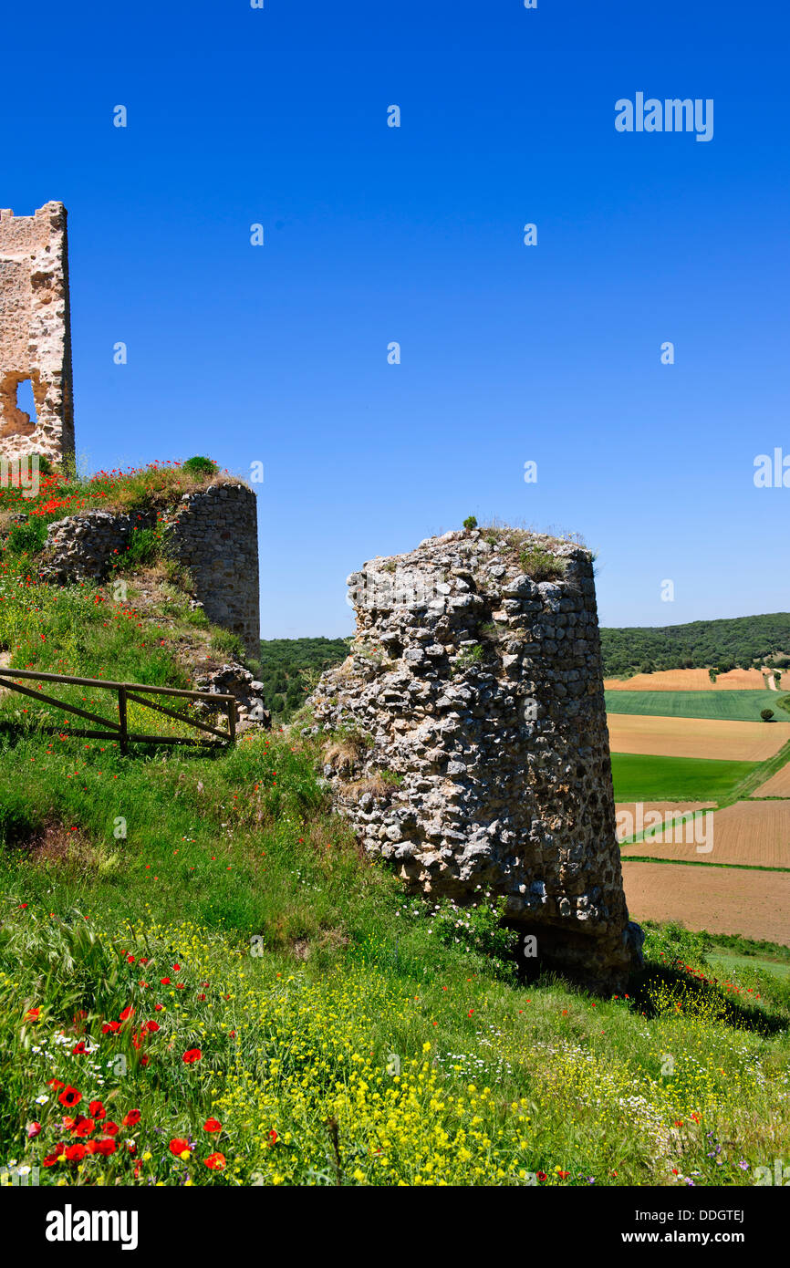 Old Houses with Conical Chimneys,Narrow Streets,Castle Ruins,surrounding Countryside with Gorge,Calatañazor,Castile y León,Spain Stock Photo