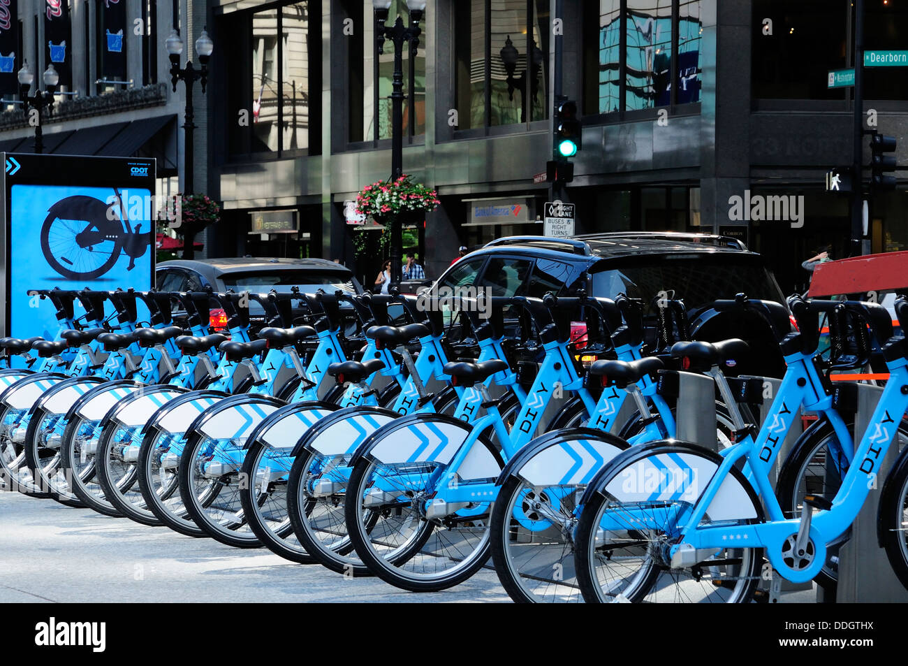 Divvy Bicycle rental station on Washington Street in Chicago. Chicago's