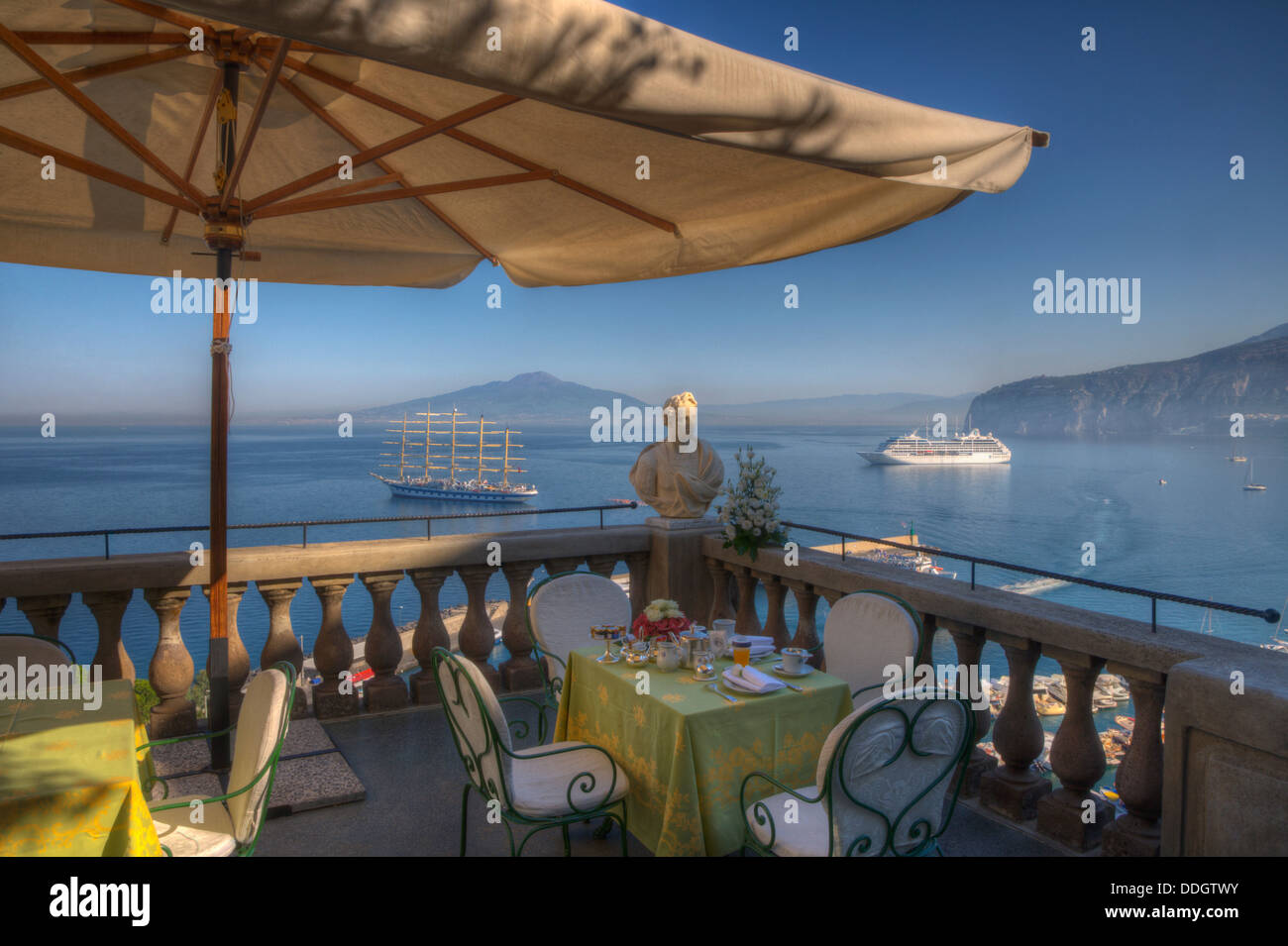 Bust on the balcony of a terrace with the sea in the background, Sorrento, Campania, Italy Stock Photo