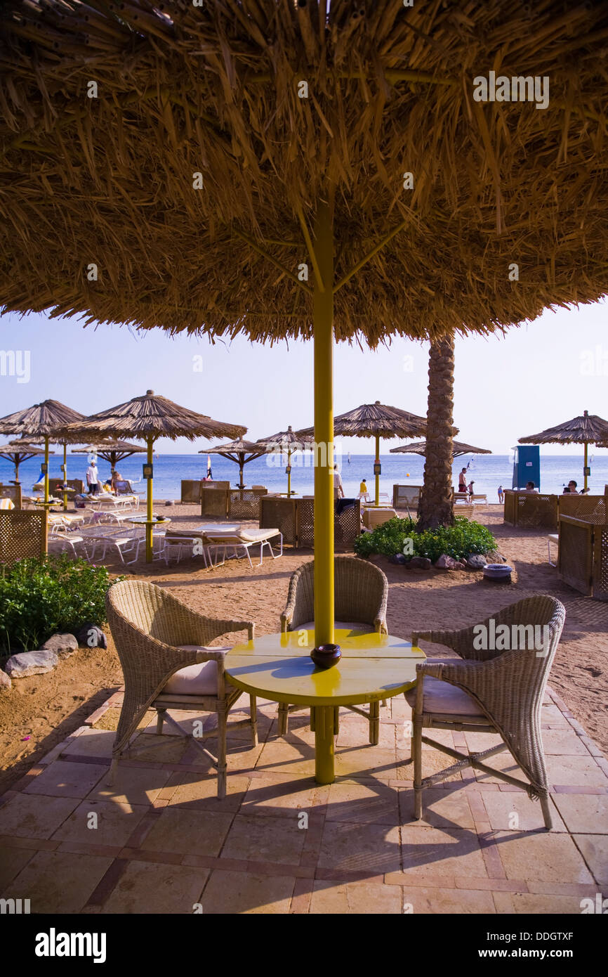 Beach-front dining at the Hilton Dahab Resort, Dahab, Sinai Peninsula, Egypt. Stock Photo