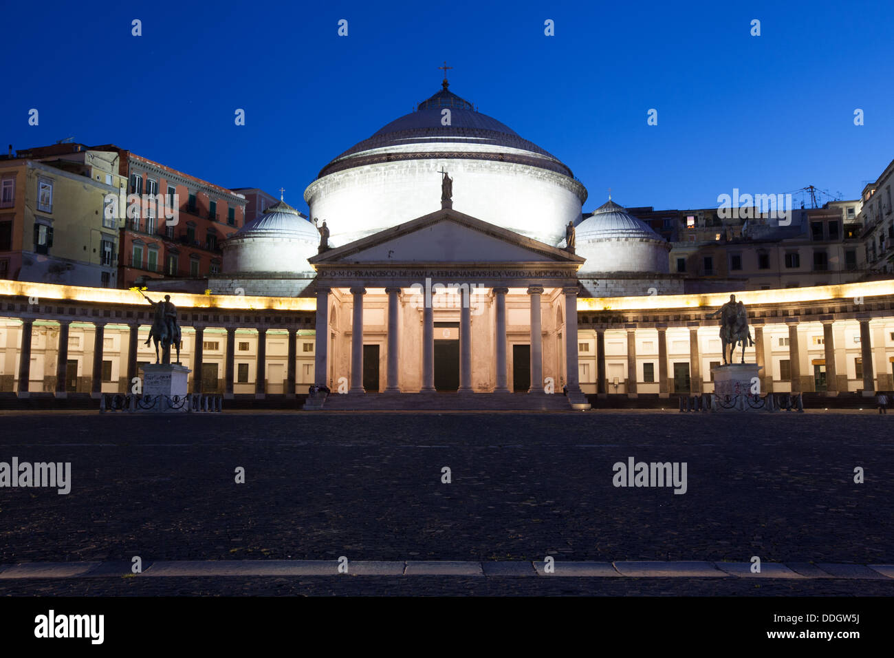 Naples, nocturne Plebiscite Square with church of Saint Francesco di Paola Stock Photo