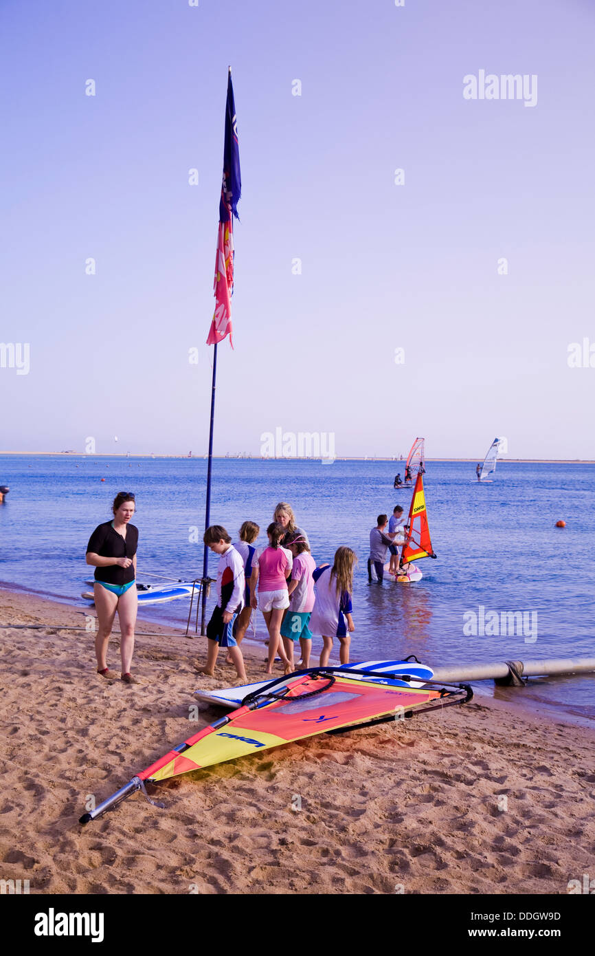 Sailboarding is a popular pursuit at Hilton Dahab Resort on the Gulf of Aqaba, Sinai Peninsula, Egypt. Stock Photo
