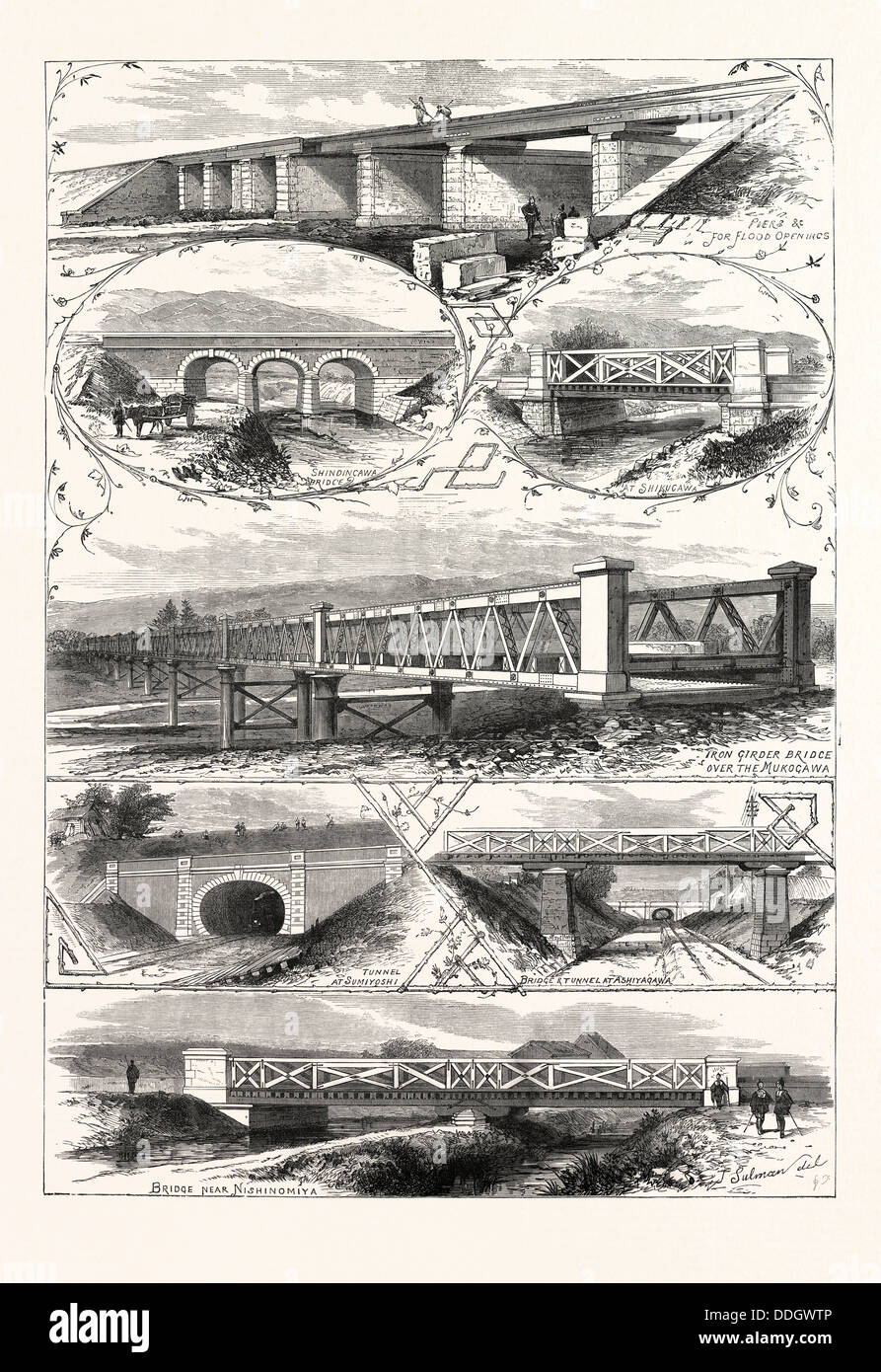 SCENES ON THE NEW RAILWAY IN JAPAN BETWEEN OSAKA AND KOBE, 1876. SHINDINGAWA BRIDGE, AT SHIKUGAWA, IRON GIRDER BRIDGE Stock Photo