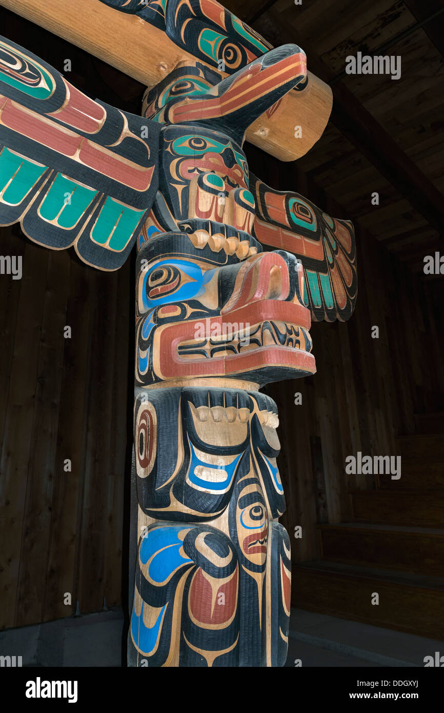 Detail of wolf and raven totem inside Klemtu big house, midcoastal