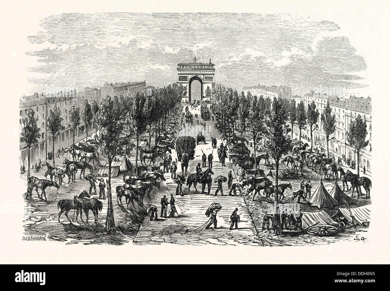Franco-Prussian War: artillery and cavalry camp on the Avenue of the great army, France Stock Photo