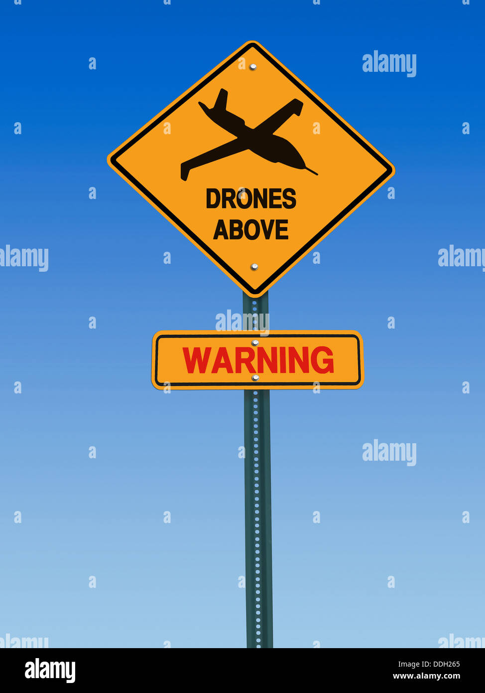 conceptual sign with drone symbol and danger warning over blue sky Stock Photo
