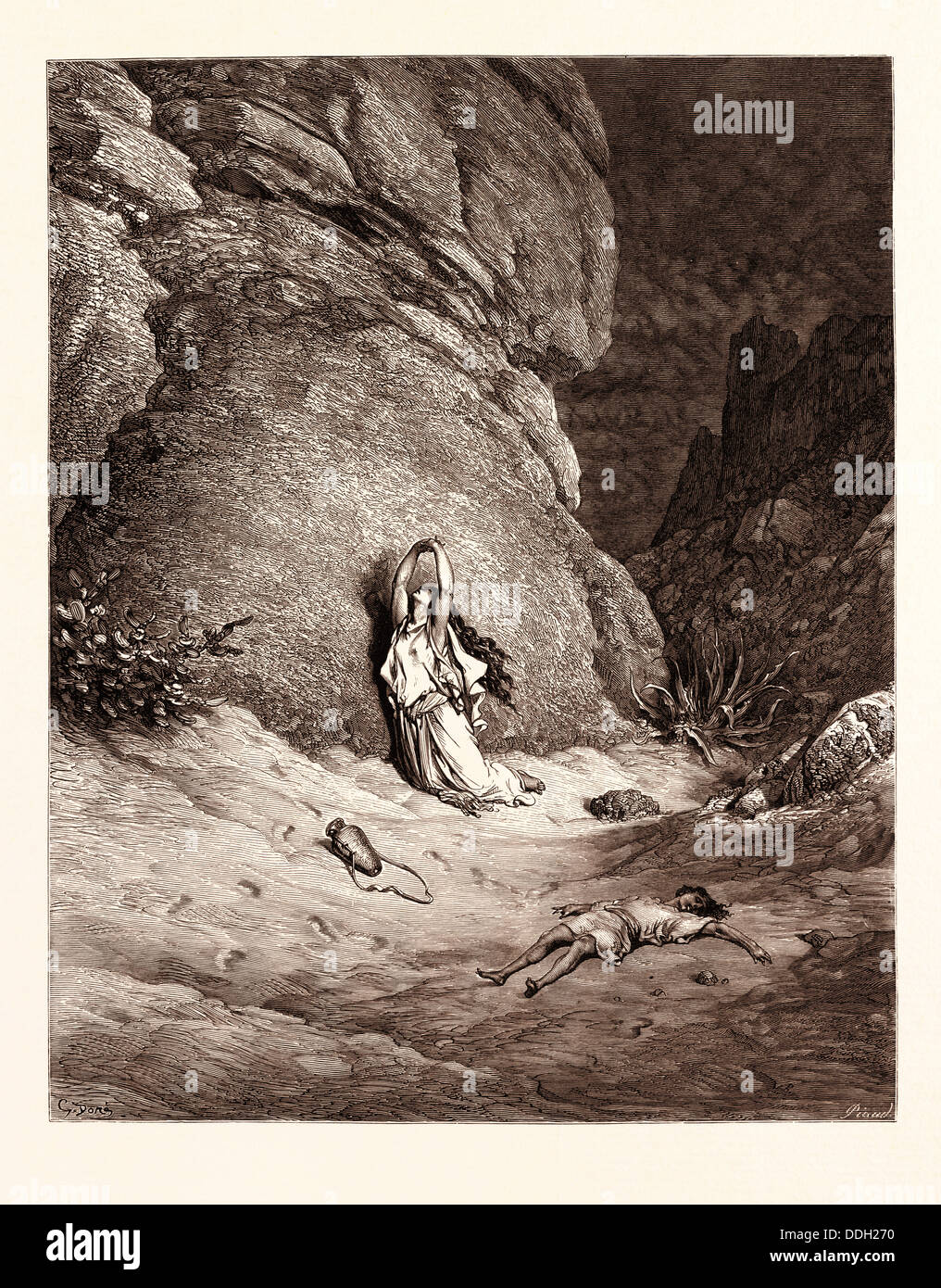 HAGAR AND ISHMAEL IN THE DESERT, BY GUSTAVE DORÉ. Dore, 1832 1883, French. Engraving for the
