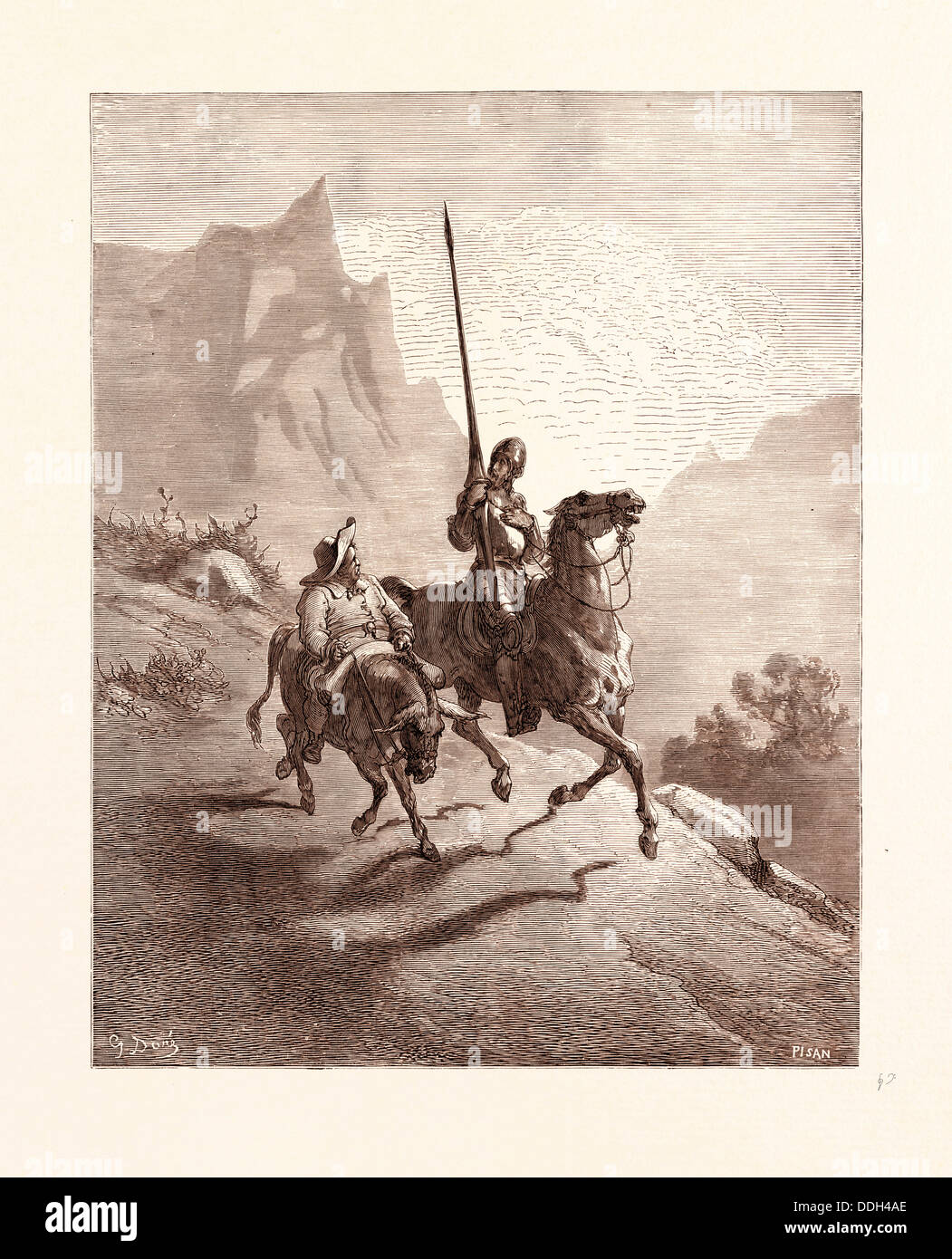 DON QUIXOTE AND SANCHO SETTING OUT, BY GUSTAVE DORE, 1832 - 1883, French. Engraving for Don Quixote by Miguel de Cervantes. 1870 Stock Photo