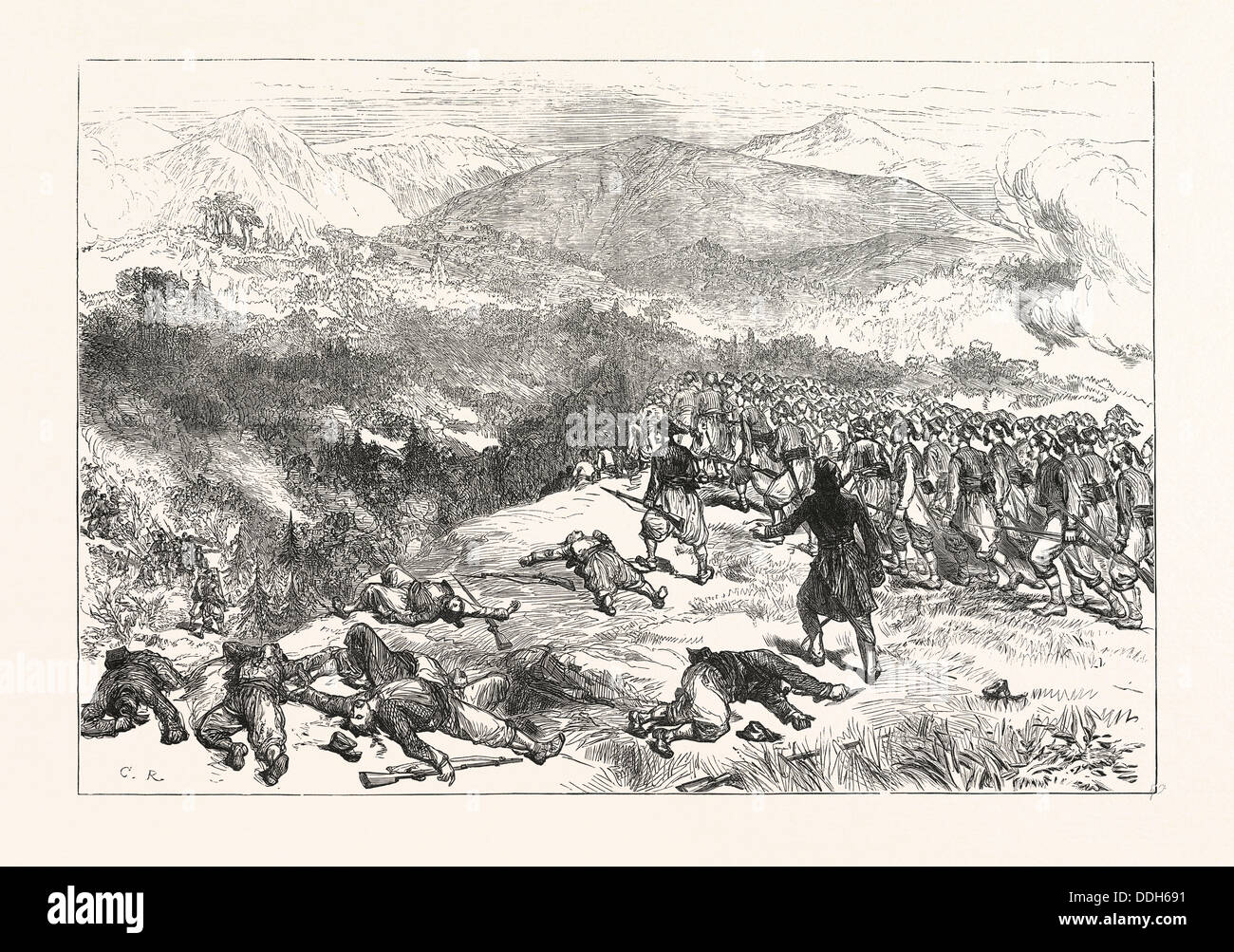 BATTLE OF KNIEJESEVACZ: THE FIRST BRIGADE OF INFANTRY, UNDER HAFIZ PASHA, ATTACKING THE SERBIANS IN A WOOD Stock Photo