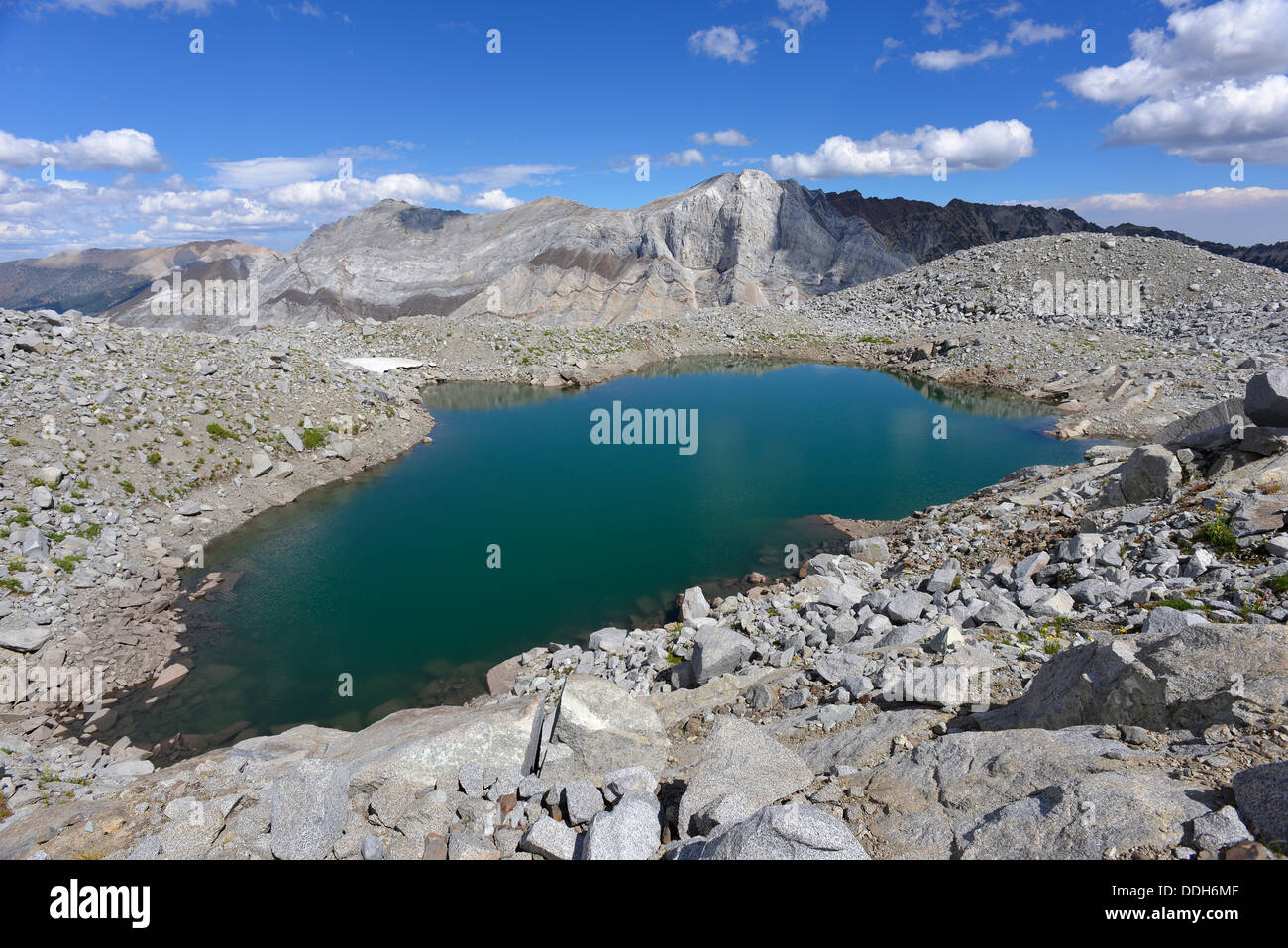 Scree slope and alpine lake high in Oregon's Wallowa Mountains. This lake is likely the highest