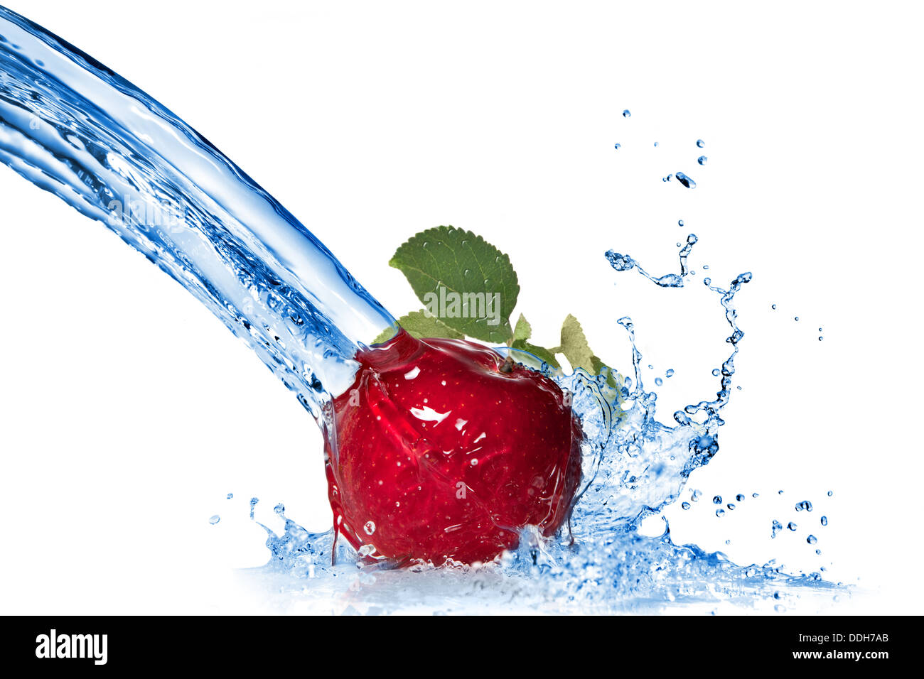 Red apple with leaf and water splash isolated on white Stock Photo Alamy